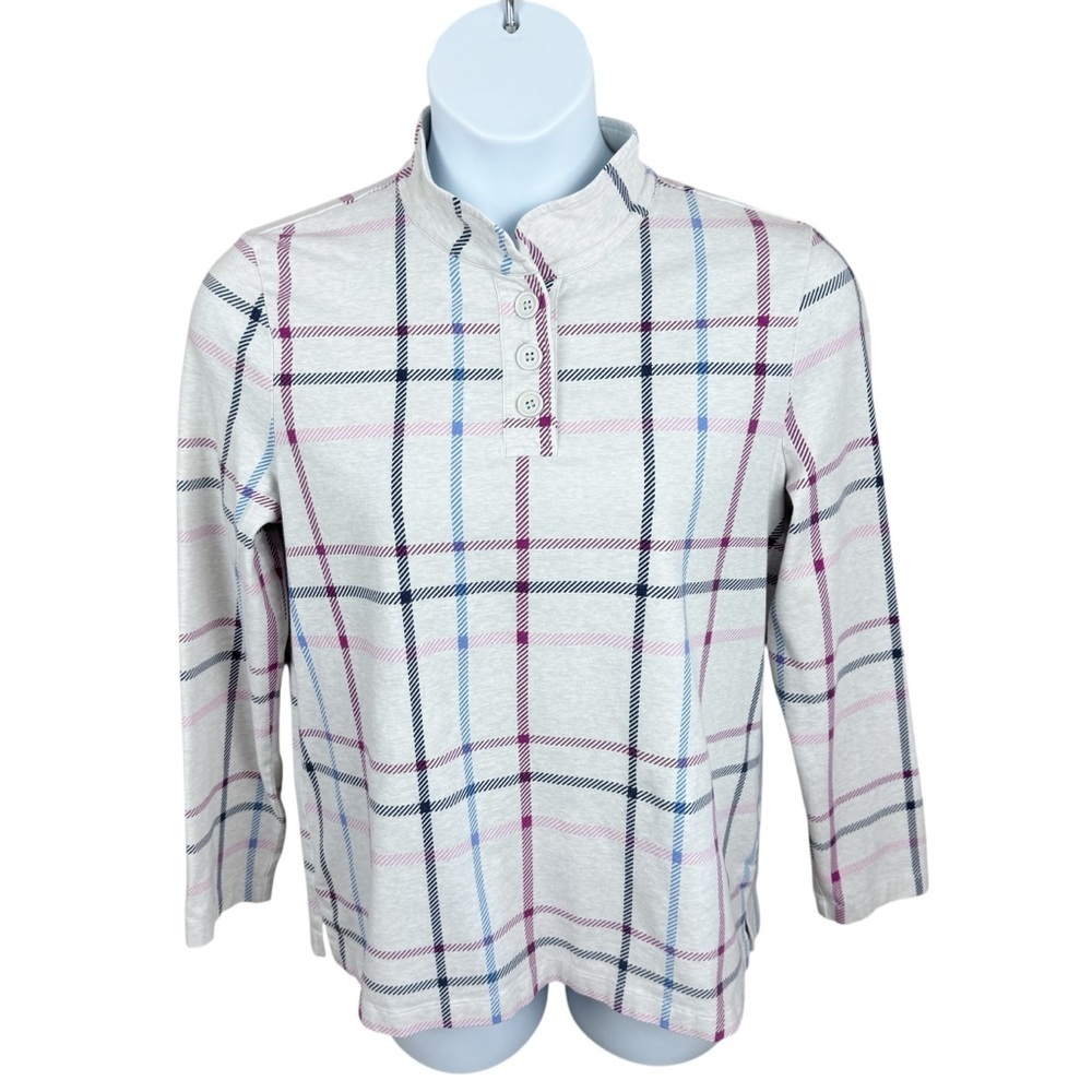 T by Talbots Light Grey Multicolor Stripes Tartan Plaid Henley Long Sleeve Top